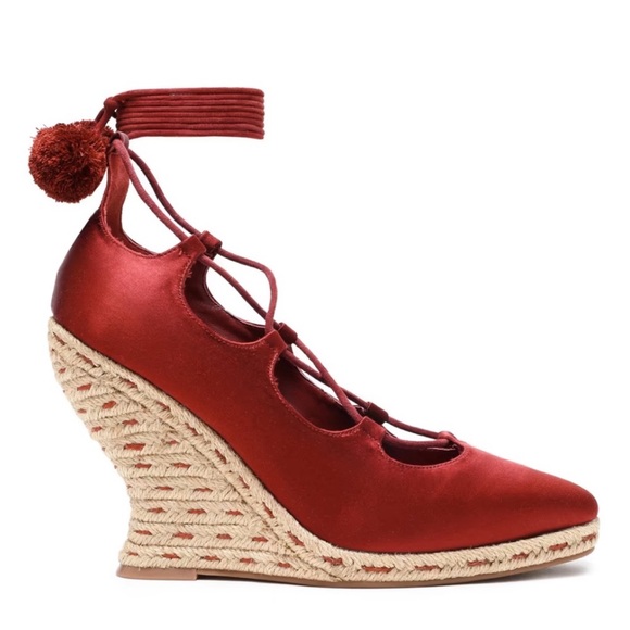 Tory Burch Red Pompom-embellished Lace-up Satin Wedge Espadrilles Merlot 10 - Picture 10 of 11